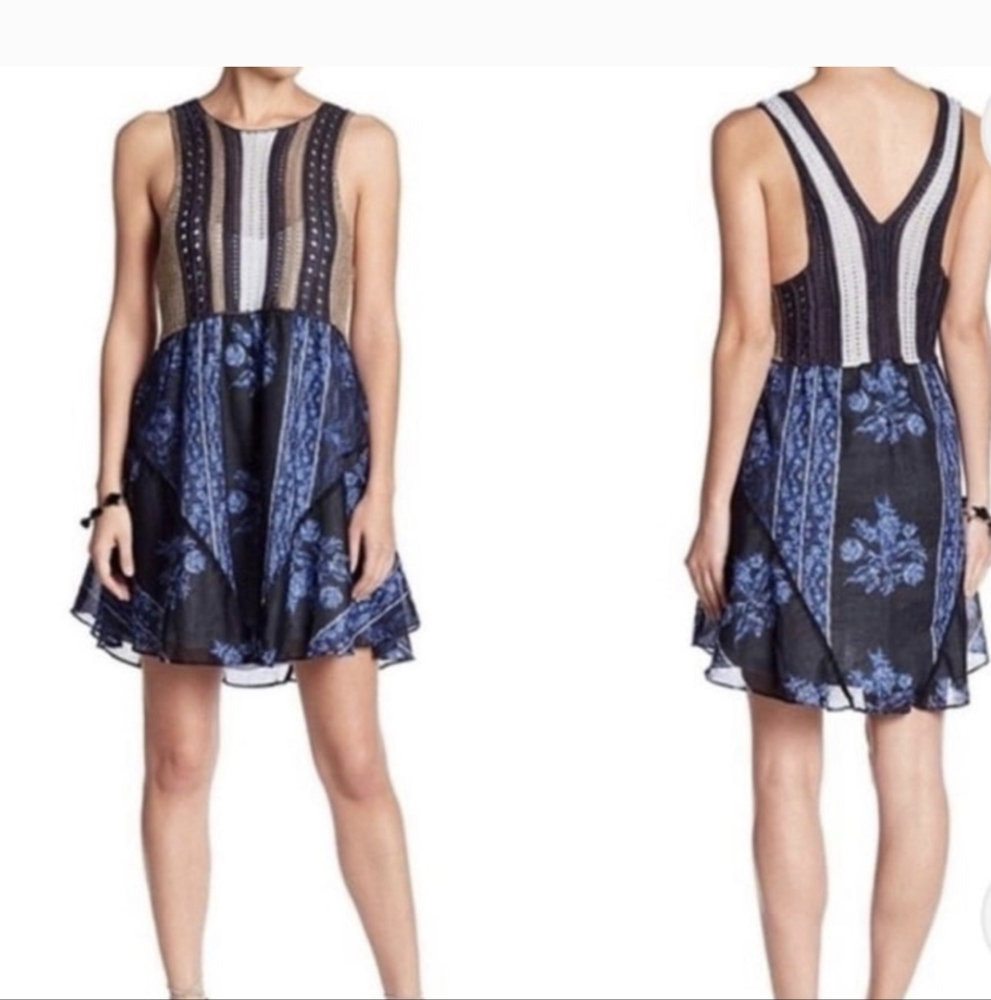 Free People White and Gray Pleated Tiered Cocktail Dress